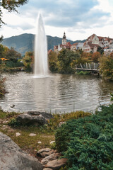 Fronleiten, a beautiful tourist town in Austria. Lake and mountains in the city in autumn.