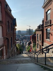 Skyline of Liege city. View from the top of Montagne de Bueren staircase. It is a famous sightseeing and tourists attraction place. Liege, Wallonia, Belgium