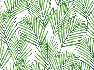 Watercolor painting coconut,palm leaves seamless pattern on white background.Watercolor hand drawn illustration tropical exotic leaf prints for wallpaper,textile Hawaii aloha jungle pattern. - obrazy, fototapety, plakaty