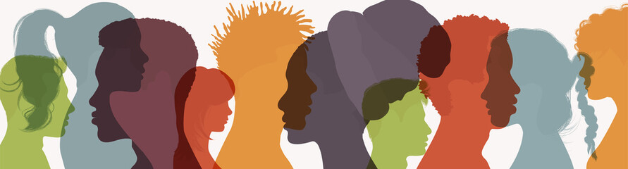 Abstract silhouette head face of diverse people in profile. Friendship between multiethnic and multicultural people. Community or teamwork concept. People diversity. Multiracial society
