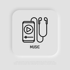Earphones and smartphone with online music thin line icon. Modern vector illustration.