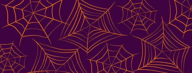 Halloween spiderweb background or banner. Orange cobwebs on violet background