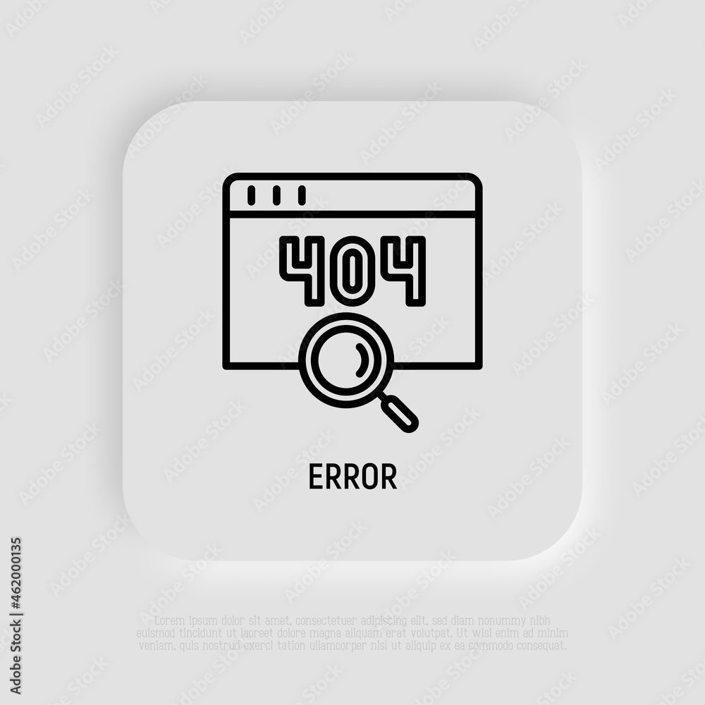 Wall mural error page thin line icon. window with 404 sign and magnifier. modern vector illustration.
