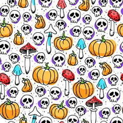 Seamless pattern with pumpkin, skull and mushrooms. Repeating light background for the holiday Halloween. Orange pumpkins, red amanita isolated on white background.