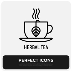 Cup with herbal tea thin line icon. Modern vector illustration.