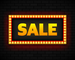 Obraz premium Blank lightbox on brick wall background. Text on the banner sale. Illuminated lightbox screen. Vector illustration.