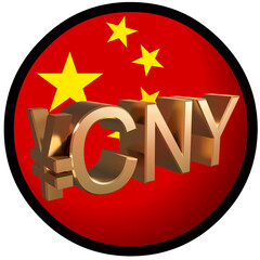 Gilded yuan CNY symbol on the background of the flag of China. Finance concept. Rendering 3D. Isolated