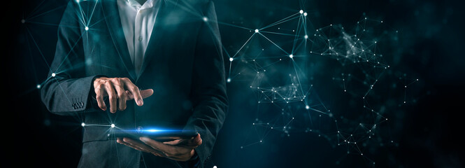 Digital marketing data analytic technology, businessman's hand using mobile phone computer to...