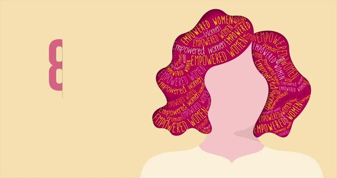 A 4K 3D animation of a Women's day postcard with a pink-haired faceless woman with "empowered woman" writings