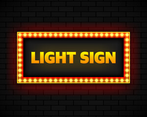Obraz premium Blank lightbox on brick wall background. Text on the banner Light Sign. Illuminated lightbox screen. Vector illustration.