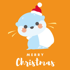Cute Small-clawed otter vector illustration icon with Christmas holidays theme. Otter wearing Santa hat and carrying Christmas gift.