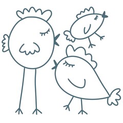 Set with kids cartoon birds line art doodle 