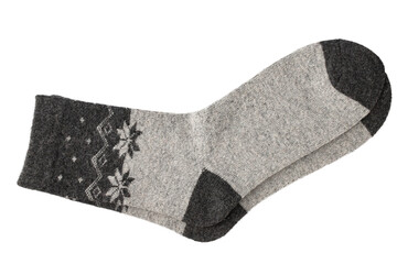 knitted warm wool socks with a pattern, isolate on a white background