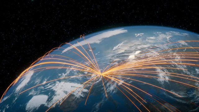 Earth in Space. Orange Lines connect Amsterdam, Netherlands with Cities across the World. International Travel or Networking Concept.