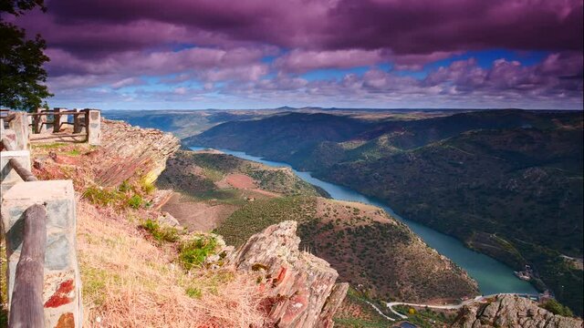 Time lapse. Douro river and spanish Saucelle Dam. Border between Portugal and Spain. National Parks. View from Penedo Durao lookout.
