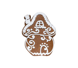 gingerbread cookie in the shape of a house isolated on white background