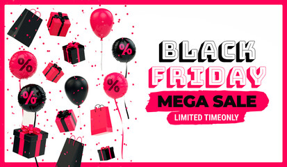 Black Friday mega sale poster background with floating gifts boxes, balloons and bags in realistic 3D rendering. Promotional marketing discount and online shopping concept
