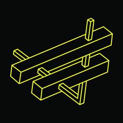 Impossible shapes. Optical illusion figure. Abstract eternal geometric object. Impossible endless outline. Impossible geometry symbol on a black background. Optical art.
