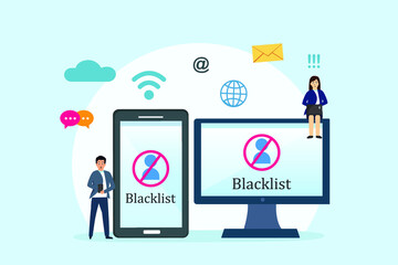 Blacklist vector concept. Two people sign in on the account with blacklist symbol while using digital device