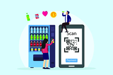 Vending machine vector concept. Two young people buying snack and drinks on the vending machine while paying by using a smartphone