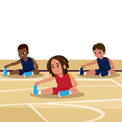 Fototapeta premium Illustration of kids in a basketball camp. Stretching His Right Leg During Exercise