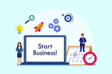 Start business vector concept. Two business people looking at list of start business on the clipboard with dartboard and calendar background