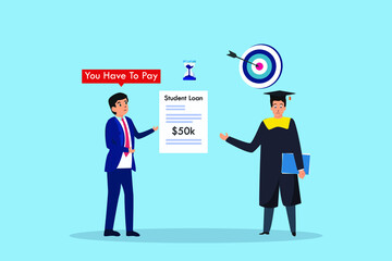 Businessman giving a loan bill to male college student while standing with dartboard background while standing with dartboard background