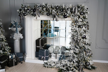 Christmas Room Interior Design, Xmas Tree Decorated By Lights Presents Gifts Toys And Garland Lighting Indoors Fireplace