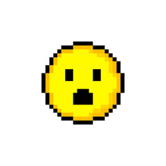 Pixel 8 bit yellow circle with smile. Isolated object on white background. Emotion sign. Vector illustration.