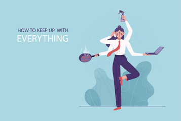 Busy woman with many hands. Lakshmi goddess doing everything. Multitasking businesswoman, housewife. Vector flat style illustration isolated. Super mom concept with very busy business and housework.