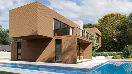 Fototapeta premium Big contemporary villa in dark wood with pool and garden