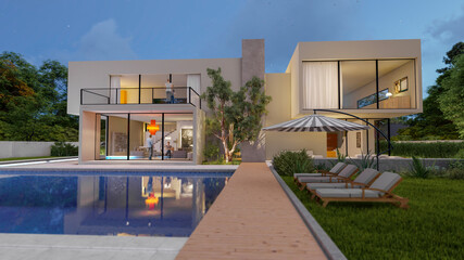 Big contemporary white villa with pool and garden in the evening