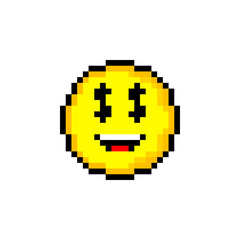 Pixel 8 bit yellow circle with smile. Isolated object on white background. Emotion sign. Vector illustration.