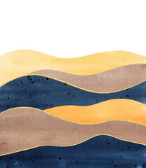 watercolor wavy mountains silhouette, background with hues of beige, indigo and golden shapes