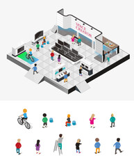 People in exhibition experiencing  the stand. Vector illustration - obrazy, fototapety, plakaty