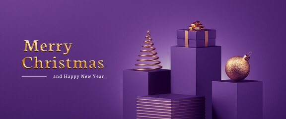 Sale banner with golden text: Merry Christmas and Happy New Year. Purple background with empty podium for product presentation, decorated with gift box and golden ornaments. 3d render