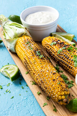 Grilled Sweet Corn With Coriander,Salt and Garlic Sauce. Summer BBQ Snack