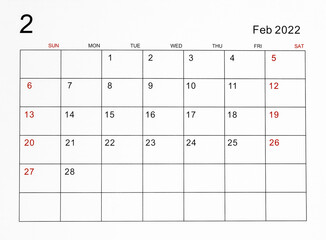 February 2022 calendar template.