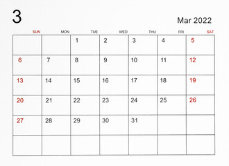 March 2022 calendar template.