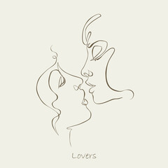 Lesbian couple, kiss, lips. woman face one line drawing. Continuous line. Sensual love