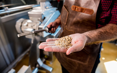 A young brewer in a leather apron controls the grinding of malt seeds in a mill at a modern brewery