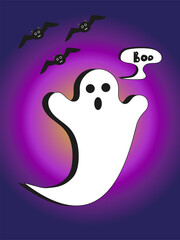 Hallowen card cute white ghost with bats on colorful purple background. Flat style