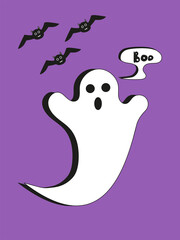 Illustration cute ghost with bats on an purple background. Flat style