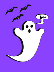 Illustration cute ghost with bats on an purple background. Flat style
