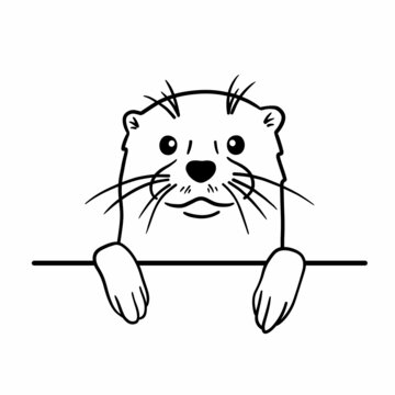 Peeking otter on outline style, vector illustration isolated on white background.