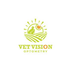 vet vision optometry logo, vector scenery eye sun with cat and dog in the hill 