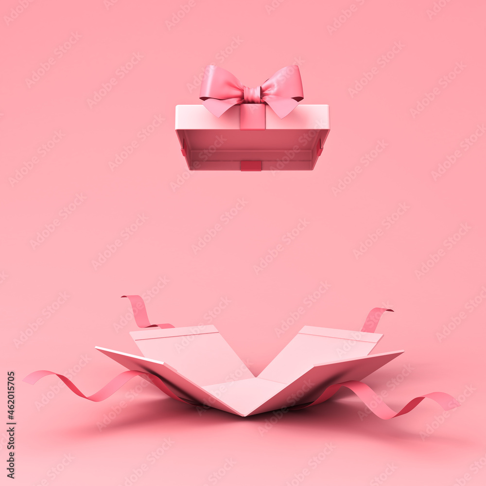 Poster surprise gift box or blank pink pastel color present box tied with pink ribbon and bow isolated on l