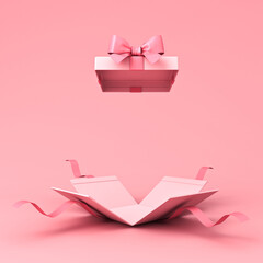 Surprise gift box or blank pink pastel color present box tied with pink ribbon and bow isolated on light pink background with shadow minimal conceptual 3D rendering - obrazy, fototapety, plakaty