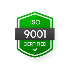 ISO 9001 Certified green vector banner. Flat certification label isolated on white background. Food safety concept. Vector illustration.
