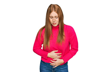 Young irish woman wearing casual clothes with hand on stomach because indigestion, painful illness...